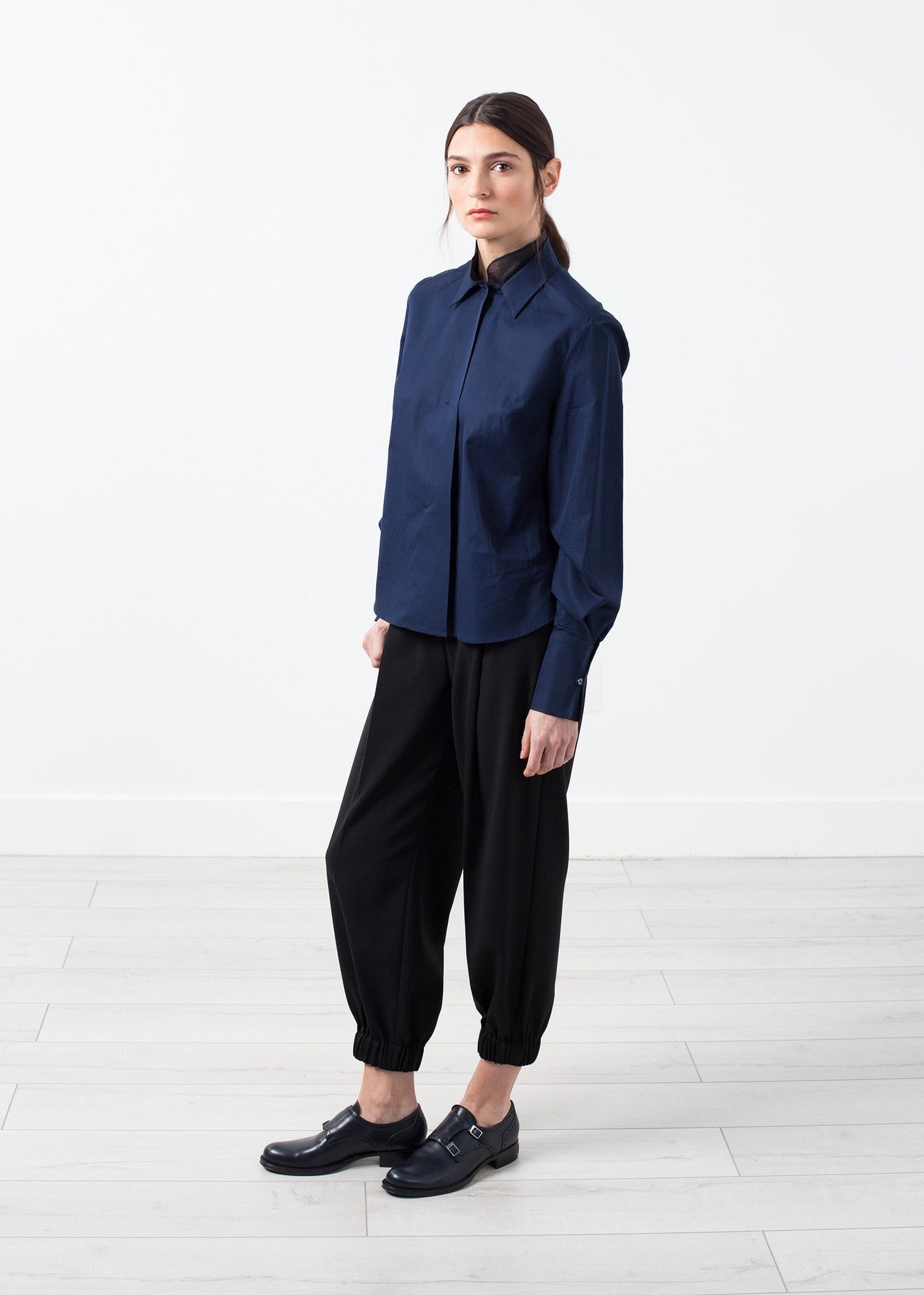 Sheer silk collar button-up