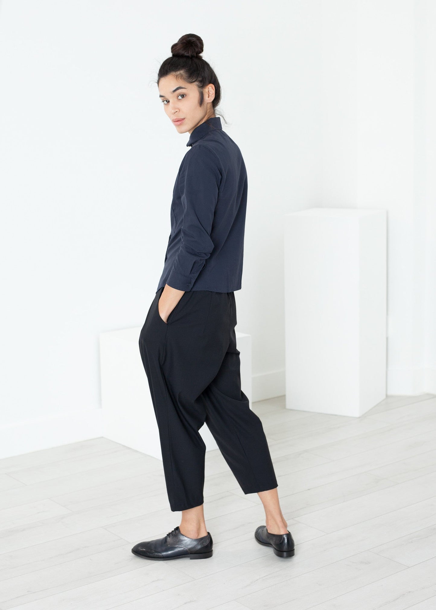Wrinkled Tuxedo Shirt in Navy