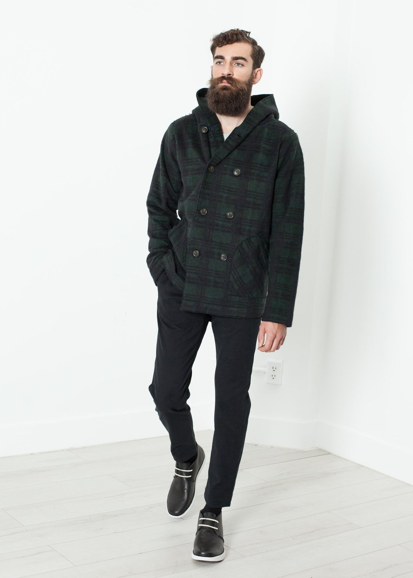 Double-breasted Hoodie in Forest Plaid