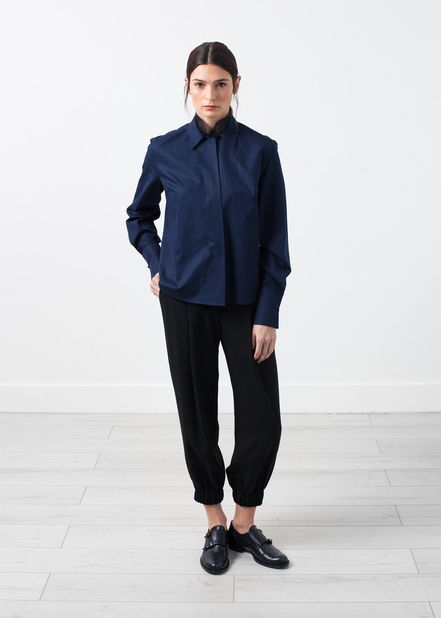 Sheer silk collar button-up