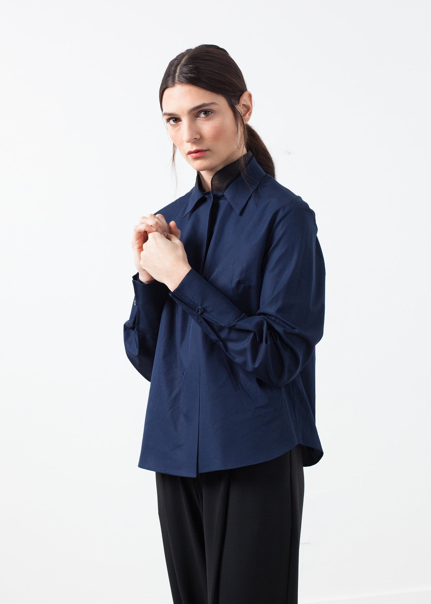 Sheer silk collar button-up